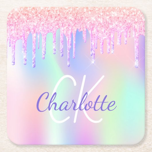 ピンクパープルのドリップがホログラフィックな誕生日 スクエアペーパーコースター (正面)