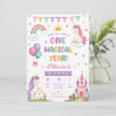 ピンクパープルのユニコーン 魔法のような１歳の誕生日 招待状 (スタンド正面)