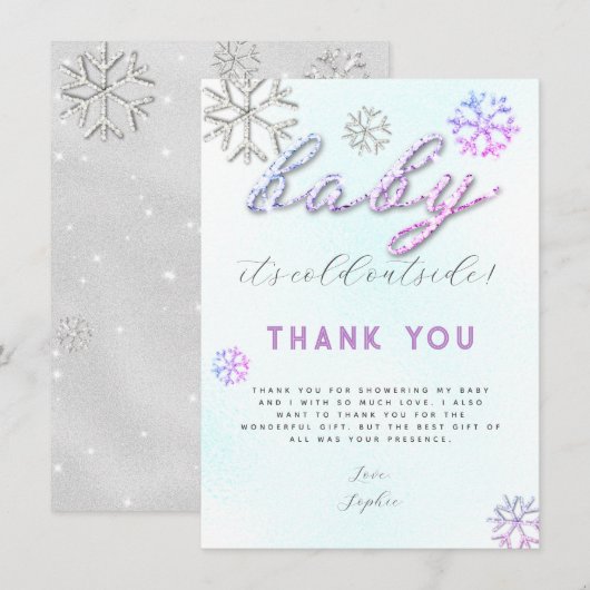 ピンクパープルのラインストーン ベビーシャワー お礼 招待状 (正面/裏面)
