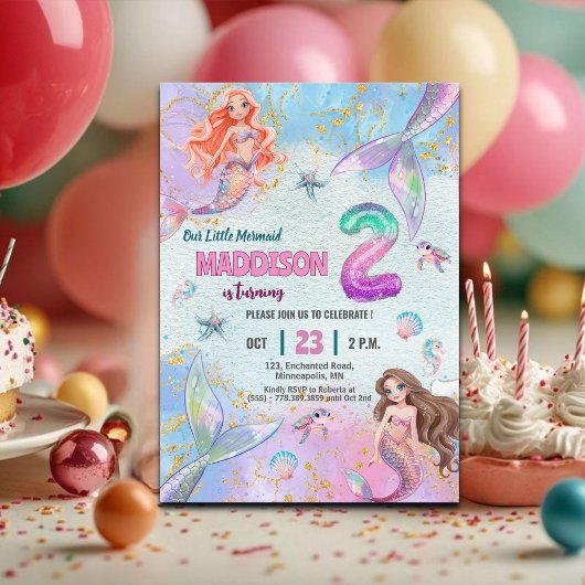 ピンクパープルのラメ人魚の2歳の誕生日パーティー 招待状