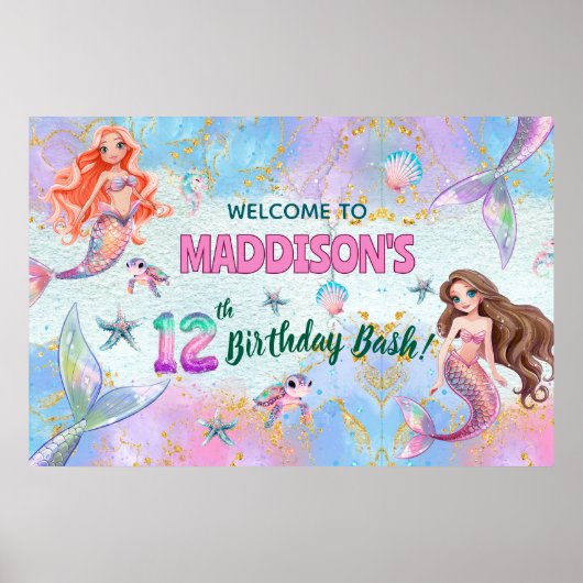 ピンクパープルのラメ入り人魚の12歳の誕生日ウェルカム ポスター (正面)