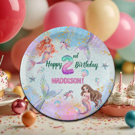 ピンクパープルのラメ入り人魚の2歳の誕生日パーティー ペーパープレート