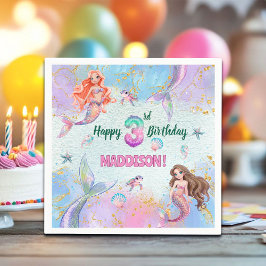 ピンクパープルのラメ入り人魚の3歳の誕生日パーティー スタンダードカクテルナプキン