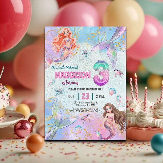 ピンクパープルのラメ入り人魚の3歳の誕生日パーティー 招待状