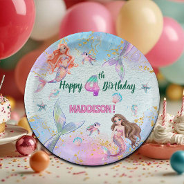 ピンクパープルのラメ入り人魚の4歳の誕生日パーティー ペーパープレート