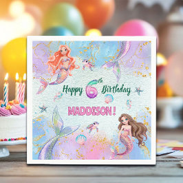 ピンクパープルのラメ入り人魚の6歳の誕生日パーティー スタンダードカクテルナプキン