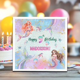 ピンクパープルのラメ入り人魚の9歳の誕生日パーティー スタンダードカクテルナプキン