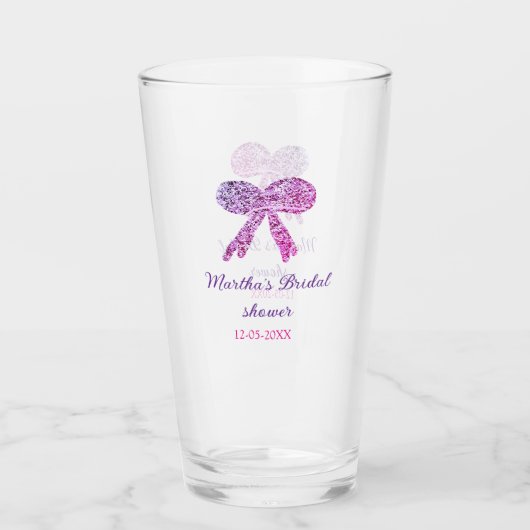 ピンクパープルのリボン輝きグリッター ブライダルシャワー名 タンブラーグラス (正面)
