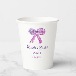 ピンクパープルのリボン輝きグリッター ブライダルシャワー名 紙コップ