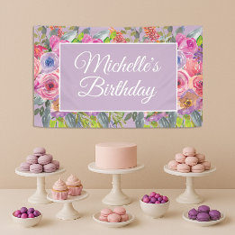 ピンクパープルのワイルドフラワーネームスクリプト 誕生日 横断幕