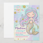 ピンクパープルの人魚姫誕生日 招待状 (正面/裏面)