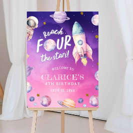 ピンクパープルの惑星のスペースガールの誕生日ウェルカムサイン ポスター