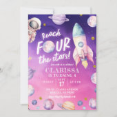 ピンクパープルの惑星スペースガールの4歳の誕生日 招待状 (正面)