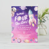 ピンクパープルの惑星スペースガールの4歳の誕生日 招待状 (スタンド正面)