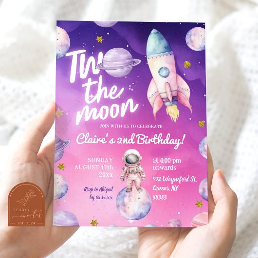ピンクパープルの惑星 二人目の月の女の子 2歳の誕生日 招待状