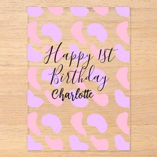 ピンクパープルの抽象的な形 おめでとう1歳の誕生日 アクリル招待状 (正面)