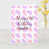 ピンクパープルの抽象的な形 おめでとう1歳の誕生日 カード (黄色い花)