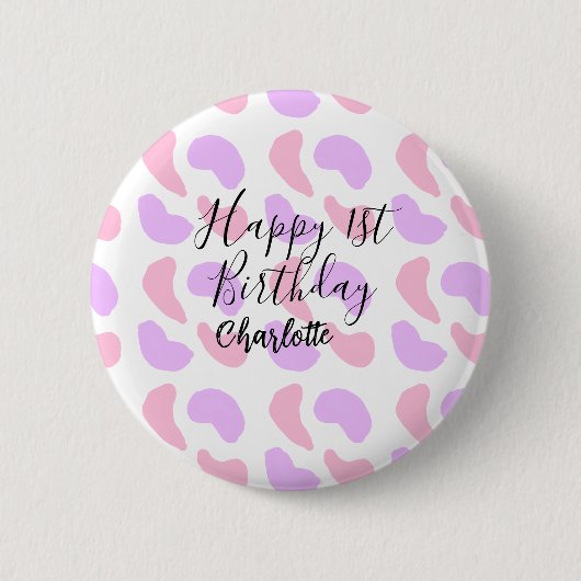 ピンクパープルの抽象的な形 おめでとう1歳の誕生日 缶バッジ (正面)