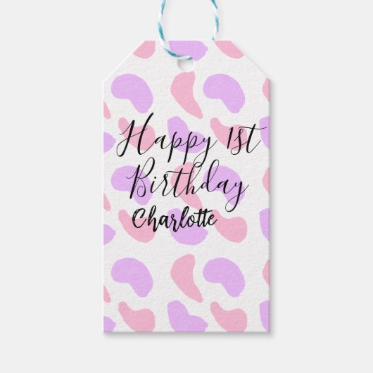 ピンクパープルの抽象的な形 お誕生日おめでとう1歳 ギフトタグ (正面)