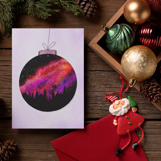 ピンクパープルの星空の木製クリスマスボール シーズンカード