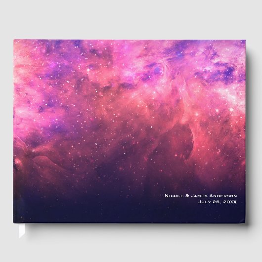 ピンクパープルの星空宇宙銀河の星空ウェディング ゲストブック (正面)