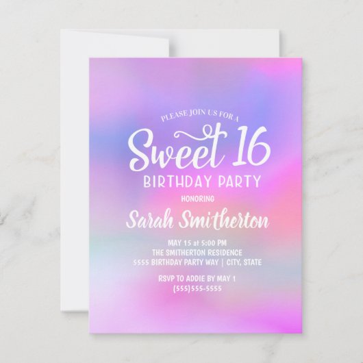 ピンクパープルの水彩画風Sweet 16招待状 招待状 (正面)