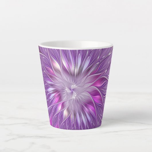 ピンクパープルの花情熱抽象フラクタルアート カフェラテマグ (正面)