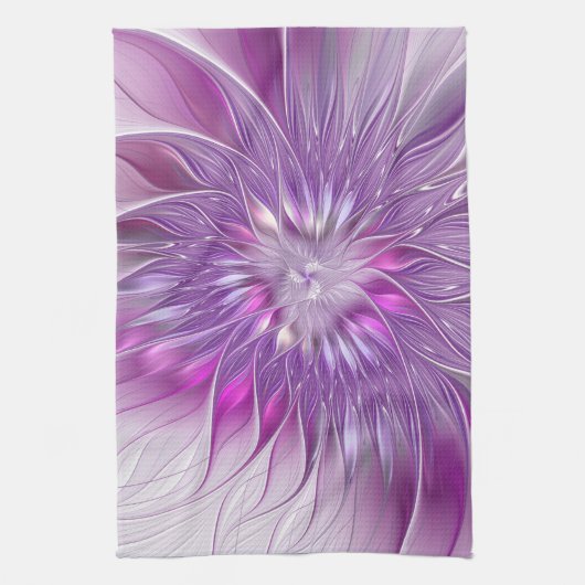 ピンクパープルの花情熱抽象フラクタルアート キッチンタオル (縦)