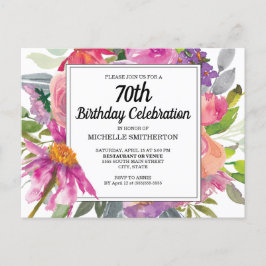 ピンクパープルの花柄70歳の誕生日 インビテーションポストカード