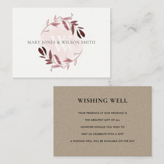 ピンクパープルの葉のリース結婚の願い事 エンクロージャーカード (正面/裏面)