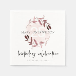 ピンクパープルの葉リースアニーエイジ25誕生日 スタンダードカクテルナプキン