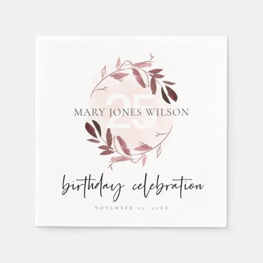 ピンクパープルの葉リースアニーエイジ25誕生日 スタンダードカクテルナプキン (正面)