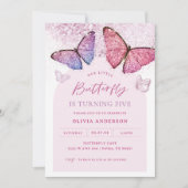 ピンクパープルの蝶の女の子 5歳の誕生日パーティー 招待状 (正面)