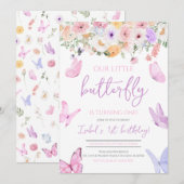 ピンクパープルの蝶の誕生日 招待状 (正面/裏面)