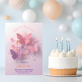 ピンクパープルの3D蝶ガール誕生日 招待状