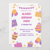 ピンクパープルよくはしゃぐ子供の誕生日シンプルの招待 招待状 (正面/裏面)