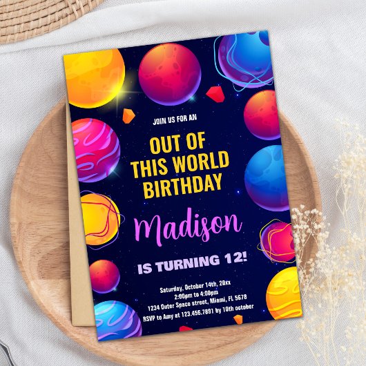 ピンクパープルアウタースペース誕生日招待状 招待状