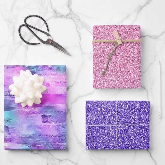 ピンクパープルアクアスパルクルグリッター ラッピングペーパーシート (正面)