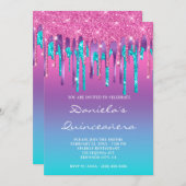 ピンクパープルアクアティール（緑がかった色）グラデーションドリップキンセアニラ 招待状 (正面/裏面)