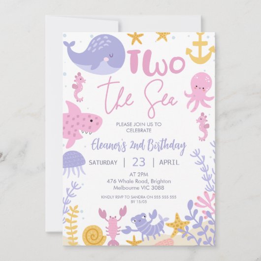 ピンクパープルイエローガールズツーザシー誕生日 招待状 (正面)