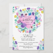 ピンクパープルイエローハート葉花誕生日 招待状 (正面)