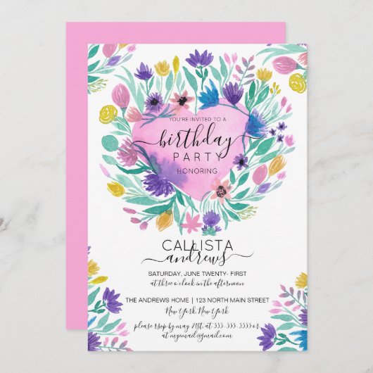 ピンクパープルイエローハート葉花誕生日 招待状 (正面/裏面)