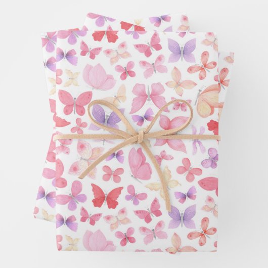 ピンクパープルイエローバタフライベビーシャワー誕生日 ラッピングペーパーシート (インサイチュ)