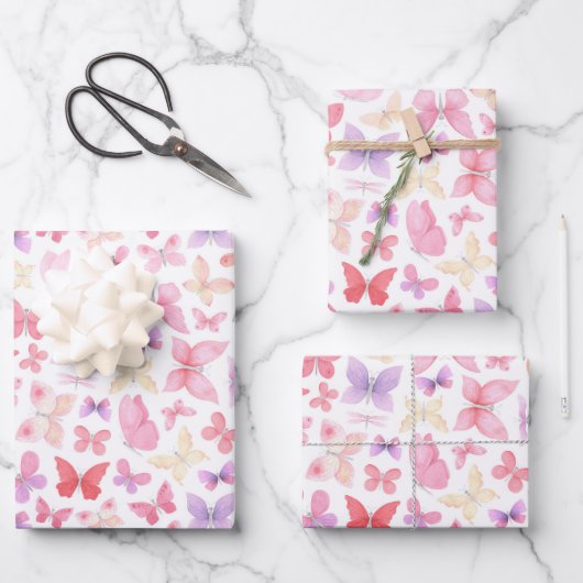 ピンクパープルイエローバタフライベビーシャワー誕生日 ラッピングペーパーシート (正面)