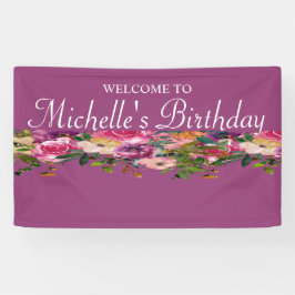 ピンクパープルイエローフローラカスタム誕生日へようこそ 横断幕