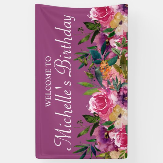 ピンクパープルイエローフローラカスタム誕生日へようこそ 横断幕 (縦)