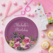 ピンクパープルイエローフローラカスタム誕生日名 ペーパープレート (パーティー)