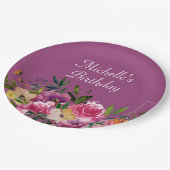 ピンクパープルイエローフローラカスタム誕生日名 ペーパープレート (アングル)