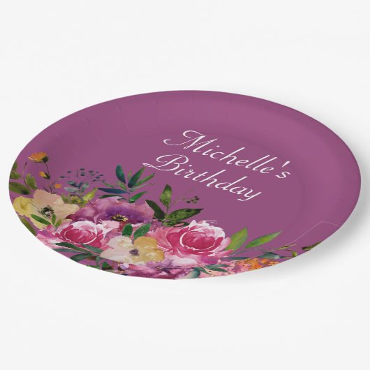 ピンクパープルイエローフローラカスタム誕生日名 ペーパープレート (アングル)