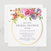 ピンクパープルイエローフローラブーケブライダルシャワー  招待状 (正面/裏面)